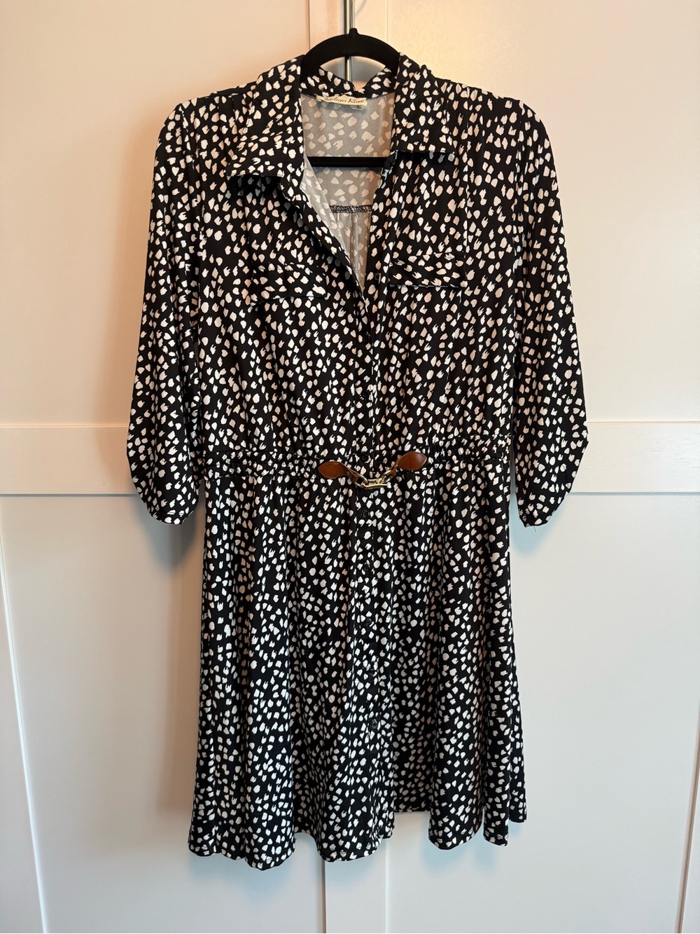 Black and White Printed Mini Shirt Dress with Belt